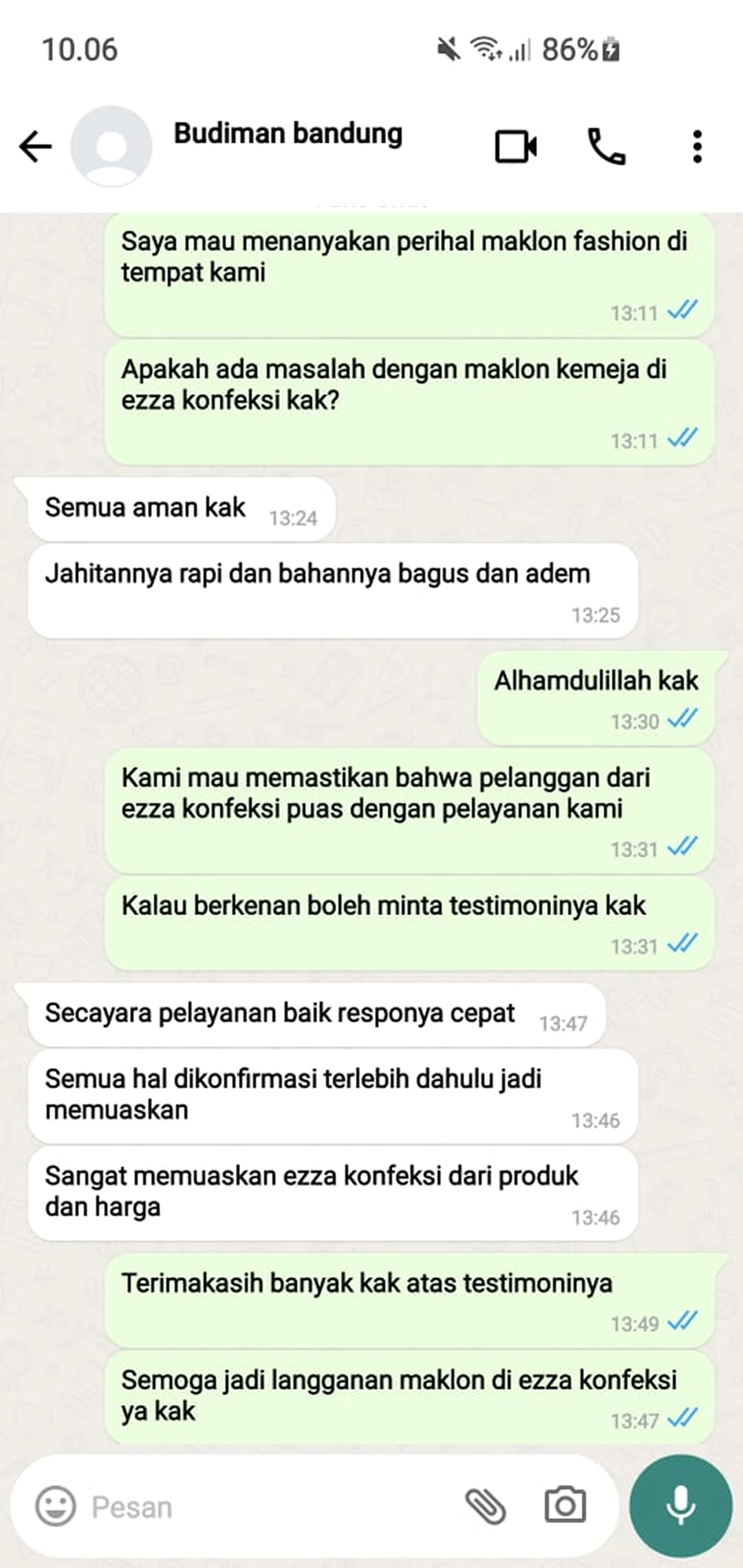 Testimoni customer ezza konfeksi