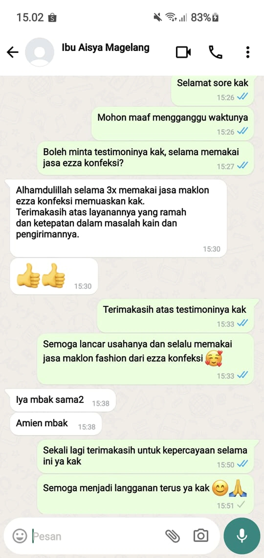 Testimoni customer ezza konfeksi